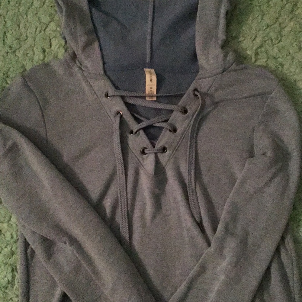 Blue, v-neck, long sleeve hoodie